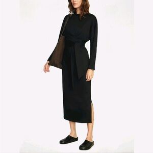 Modern Citizen Audrey Tie-Front Terry Long Sleeve Midi Dress Black Size Large